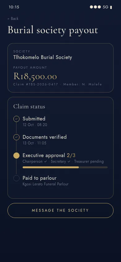 Burial society payout screen